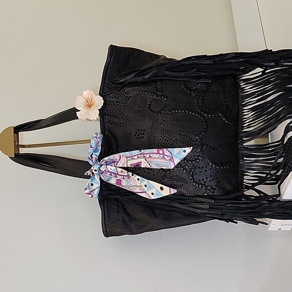 Frye Vivian Leather Fringe Tote Bag black  fringe trim - Picture 2 of 15